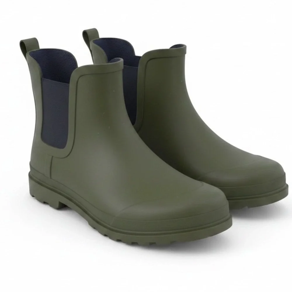 J.Crew Womens Chelsea Rain Boots Olive Green Rubber Ankle Boot / Bootie Lug Sole